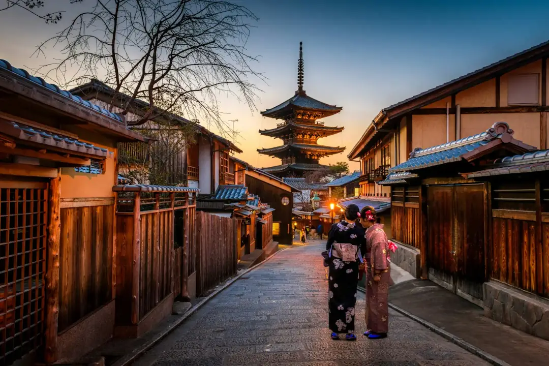 Tempel och körsbärsblommor i Kyoto, Japan