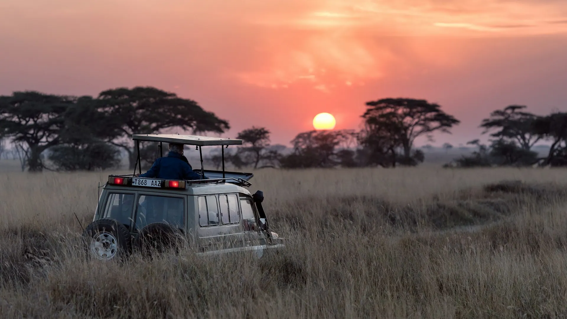 Safaribil på savannen i Kenya vid solnedgång Safaribil på savannen i Kenya vid solnedgång